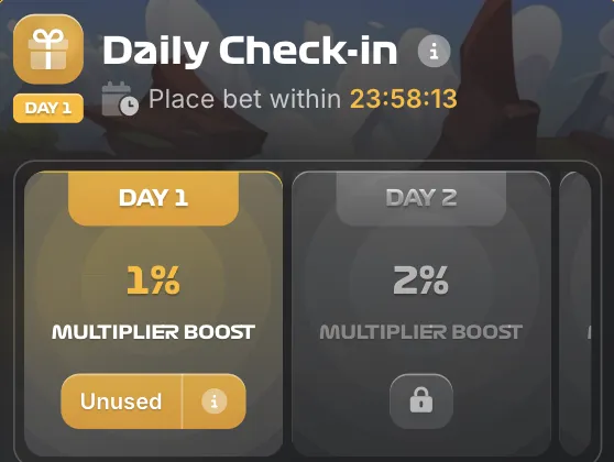 CCTV Rush Hour Daily Check-in interface — Day 1 with 1% multiplier boost unused, Day 2 with 2% multiplier boost locked, 23:58:13 countdown timer