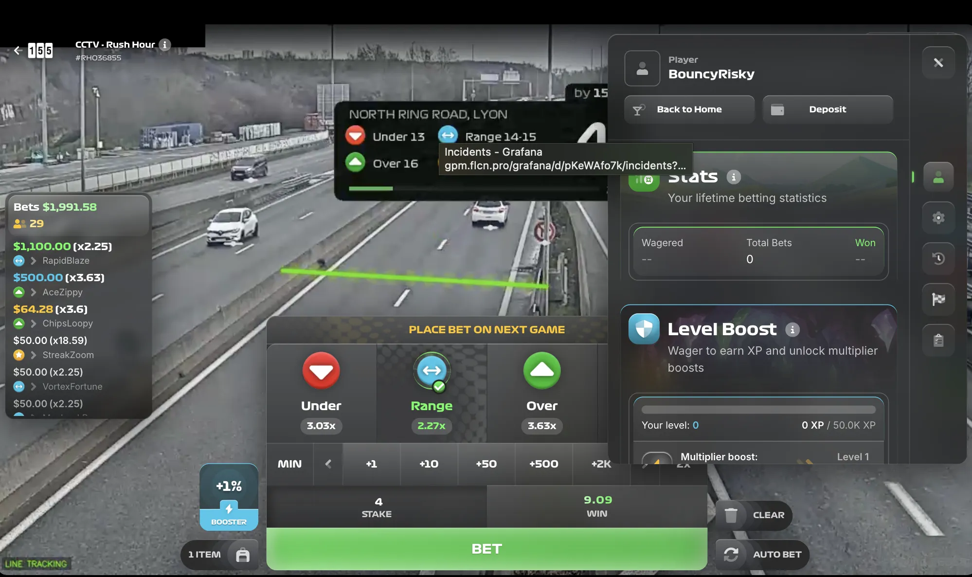 CCTV Rush Hour game showing live highway feed from Lyon with AI vehicle counting, betting panel, player stats, and Level Boost feature