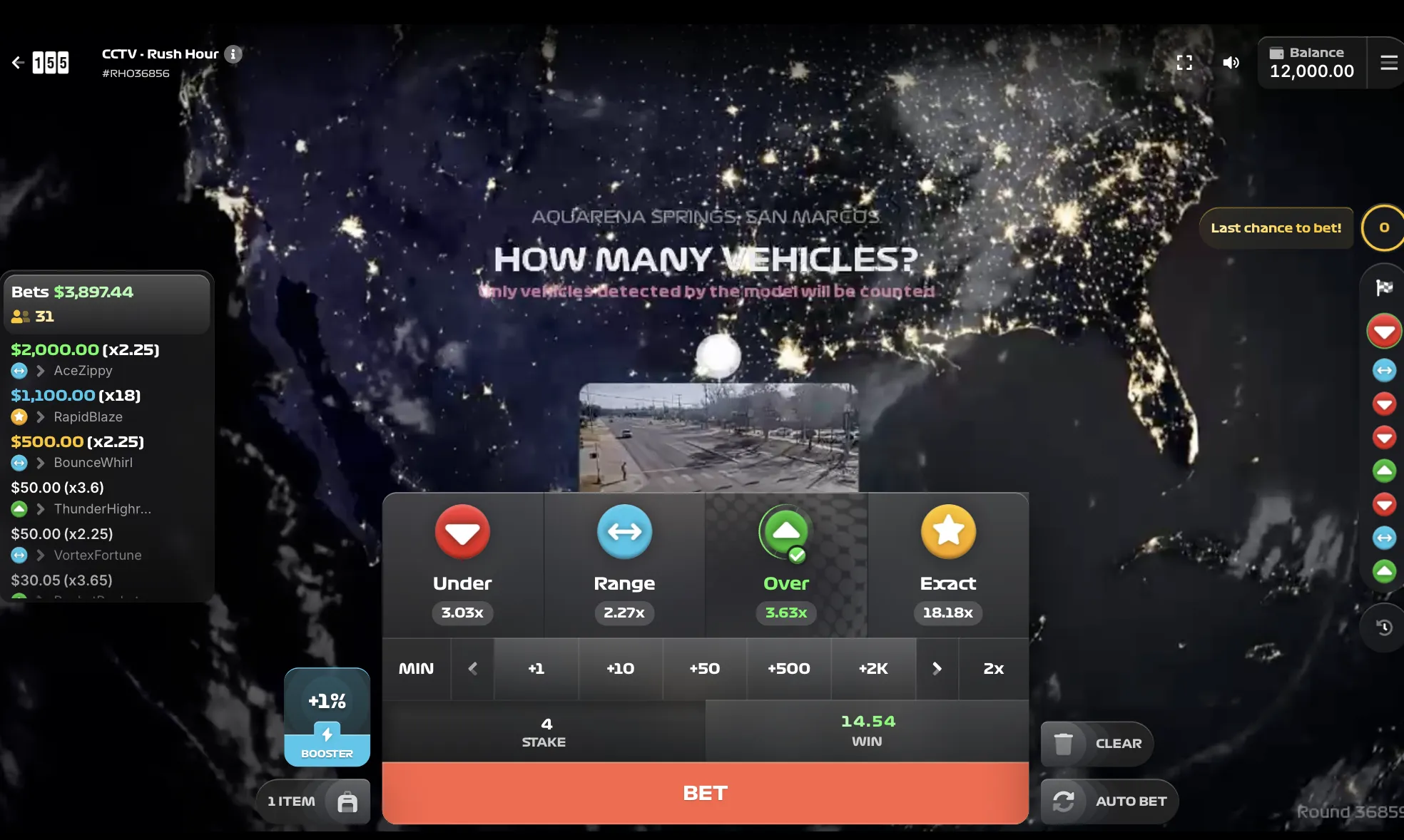 CCTV Rush Hour San Marco night session displaying Under, Range, Over and Exact exotic bet types