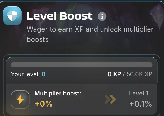 CCTV Rush Hour Level Boost panel — XP progress bar showing 0 XP / 50.0K XP with multiplier boost from +0% to +0.1% at Level 1