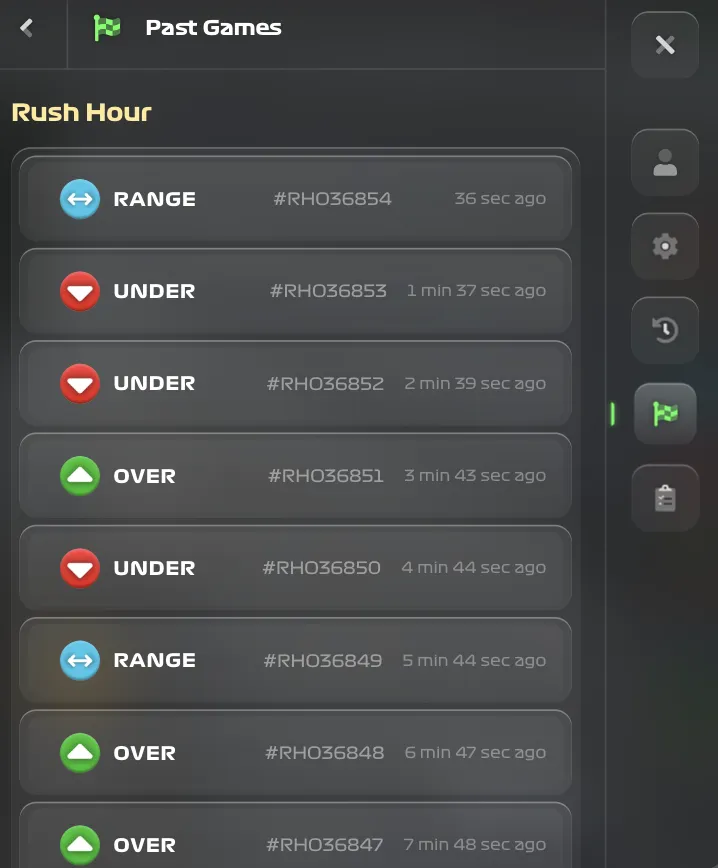 CCTV Rush Hour past games history panel showing bet results and round IDs