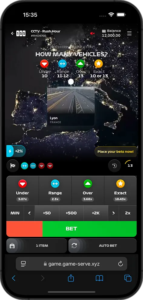 CCTV Rush Hour game running on iPhone — live betting interface with CCTV camera feed from Lyon, France